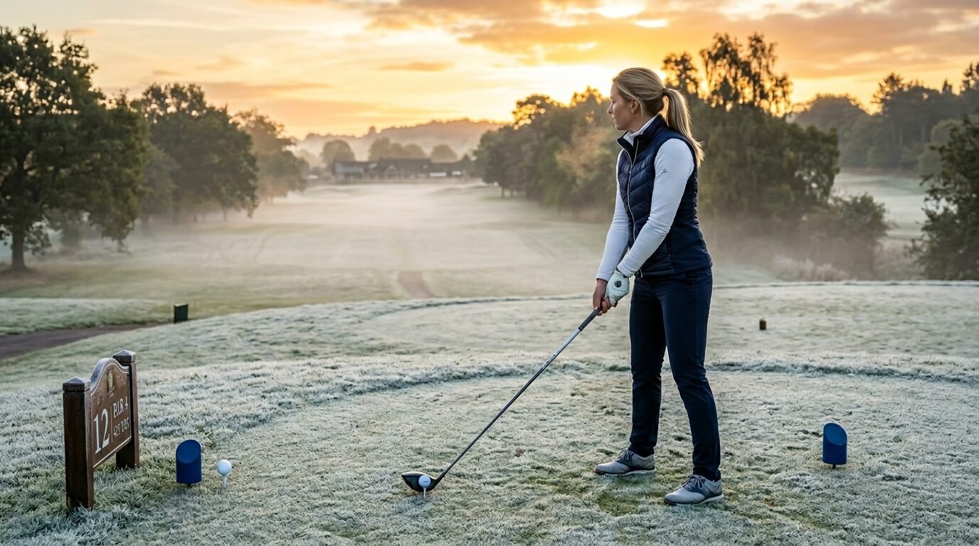 Blonde female golfer standing on a frozen tee box during a misty sunrise.