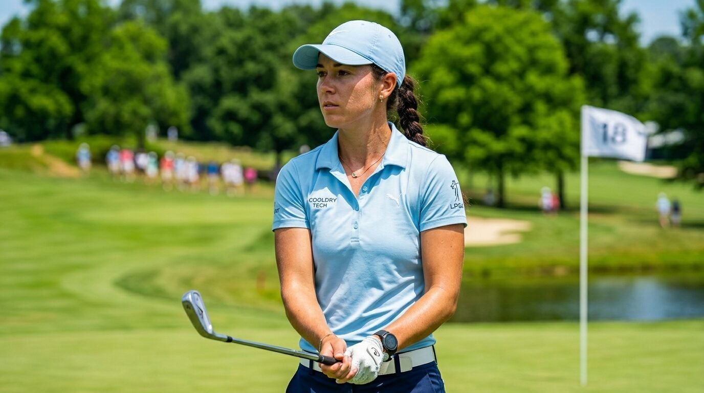 A focused woman wearing a light blue polo shirt and cap holding a golf club on a green 18th hole course.