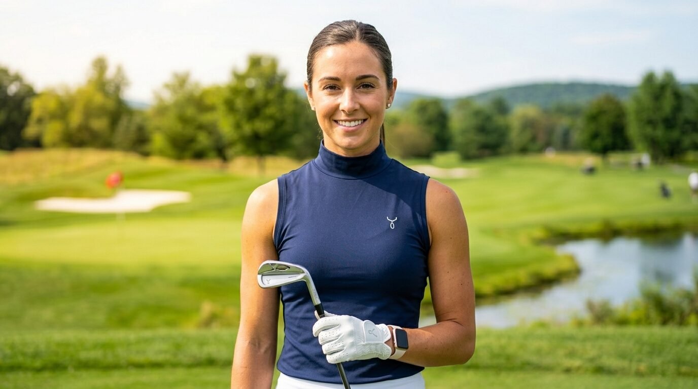 A smiling woman in a navy sleeveless mock neck top holding a golf iron while wearing a white glove on a sunny course.