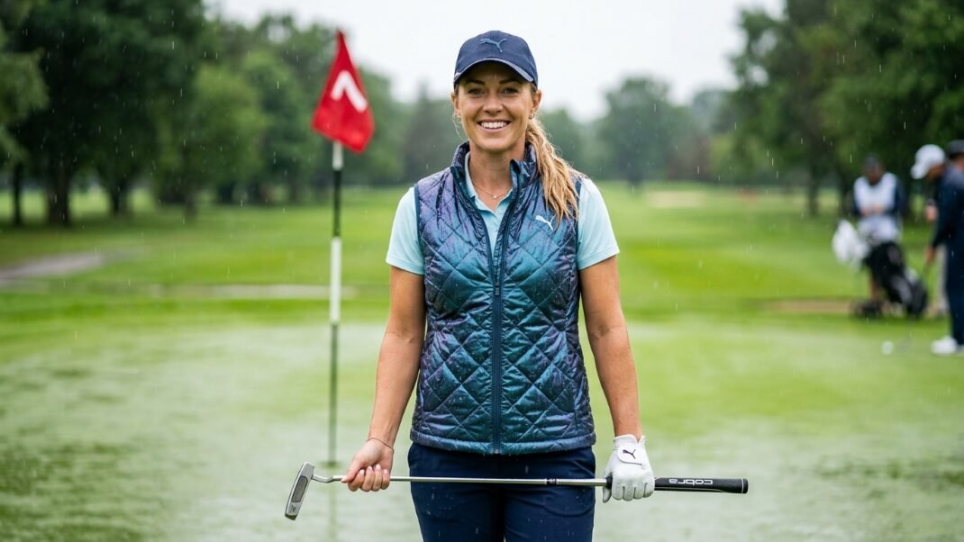 A smiling woman in a vest and golf cap stands on a rainy green holding a putter in front of a flag.