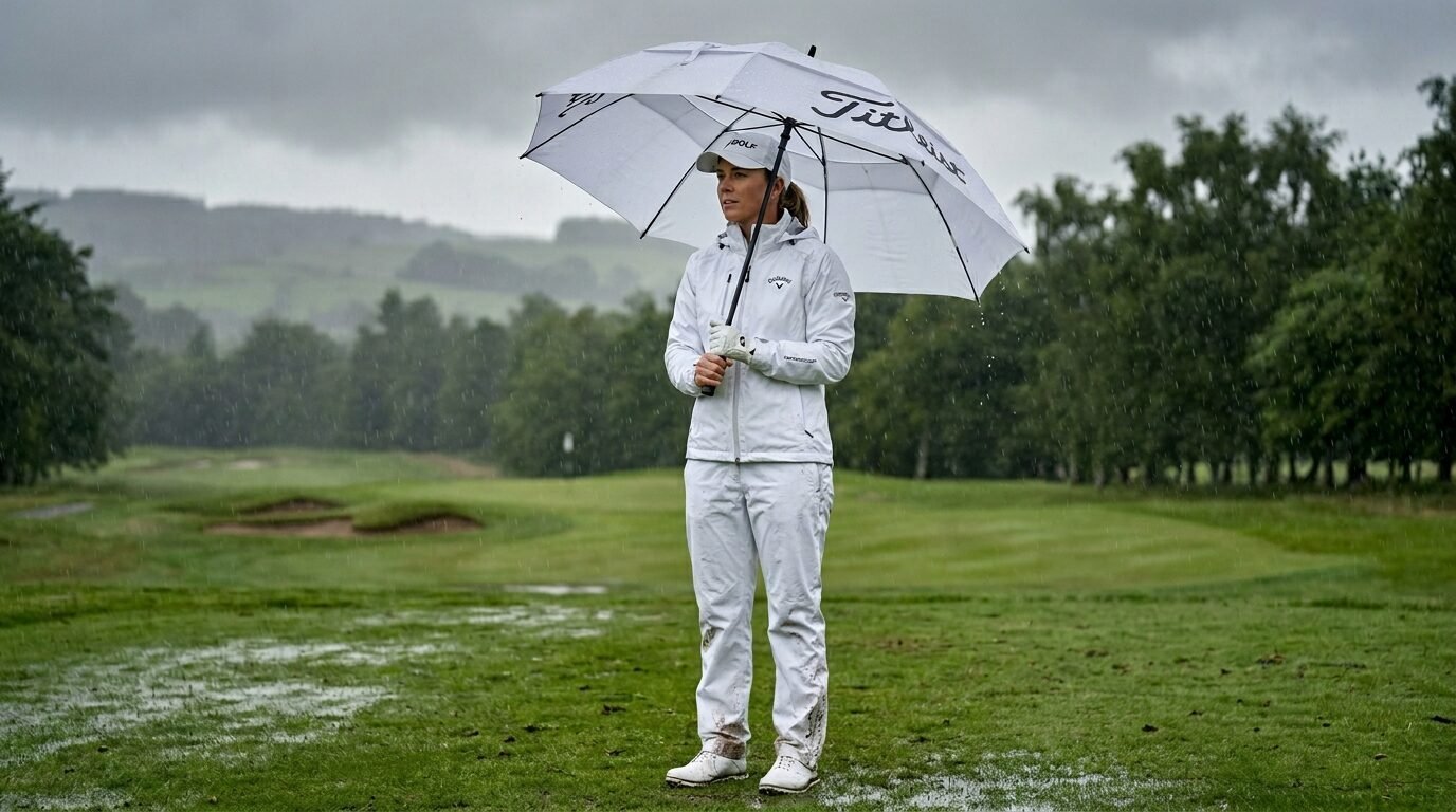 Professional golfer in white rain gear holding a Titleist umbrella standing on a wet golf course.