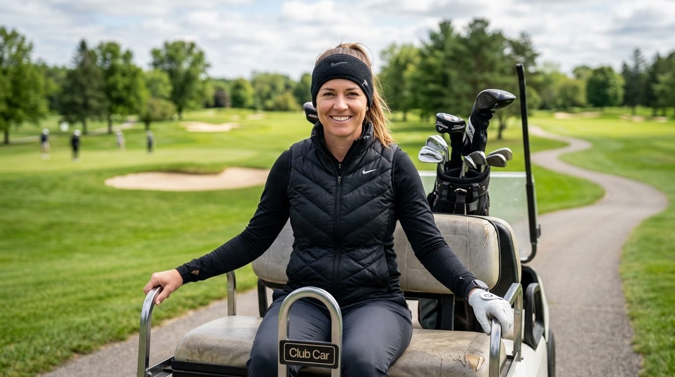 Woman wearing a black vest and headband sitting on a Club Car golf cart on a green fairway.