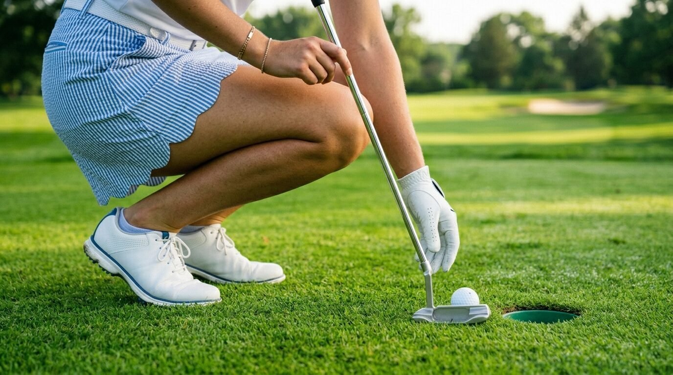 Close up of a female golfer crouching on the green to align her putt with a putter and golf ball near the hole.