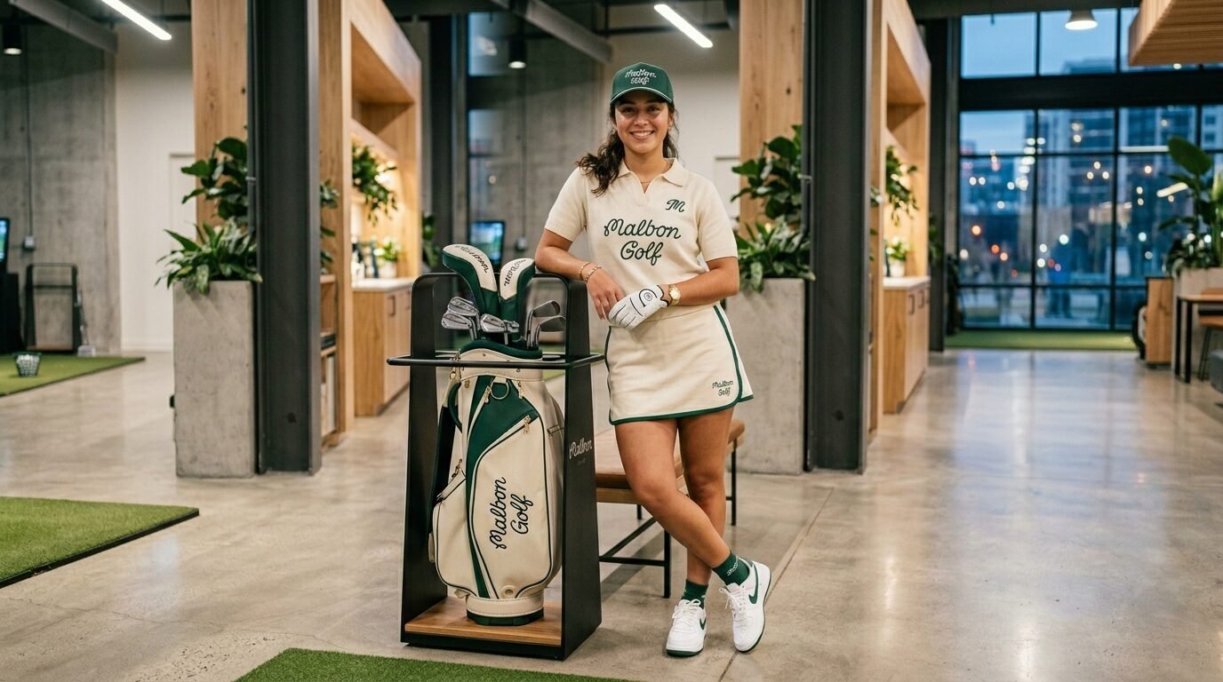 Young woman in a golf outfit leaning against a branded golf bag inside a modern facility.
