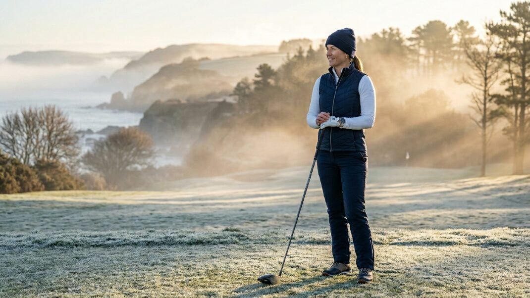 A female golfer wearing a vest and beanie stands on a foggy, frozen course overlooking the ocean.