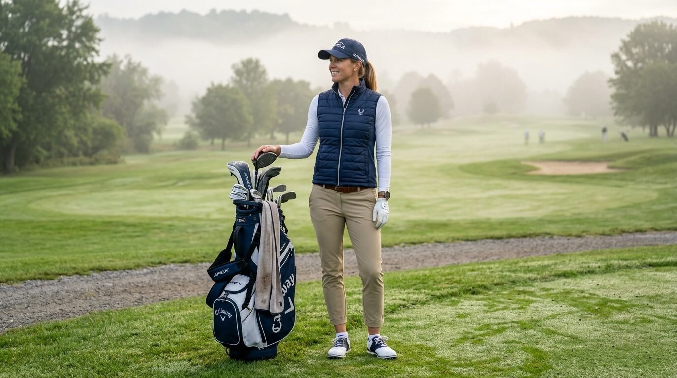 Woman in a navy vest and khaki pants poses with a Callaway golf bag on a misty green fairway.