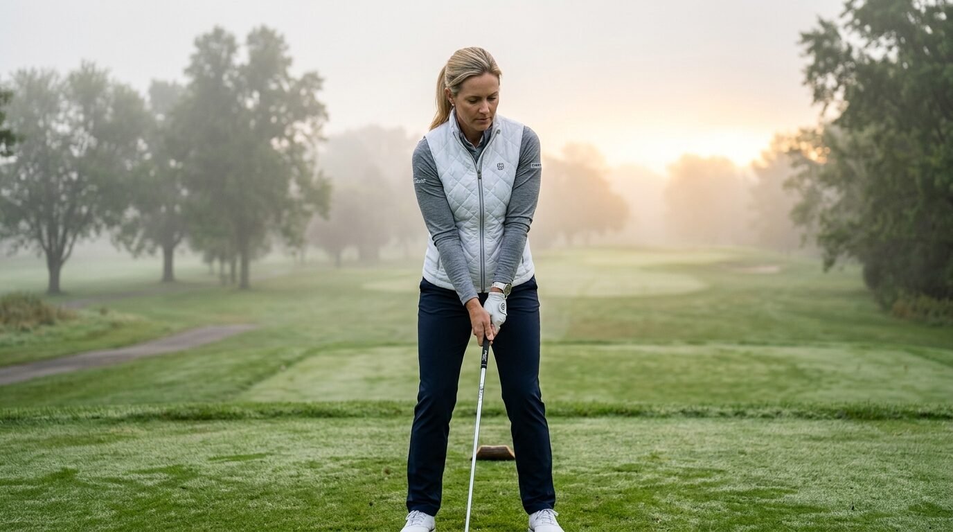 A blonde woman in a white quilted vest addresses her golf ball on a foggy course at dawn.