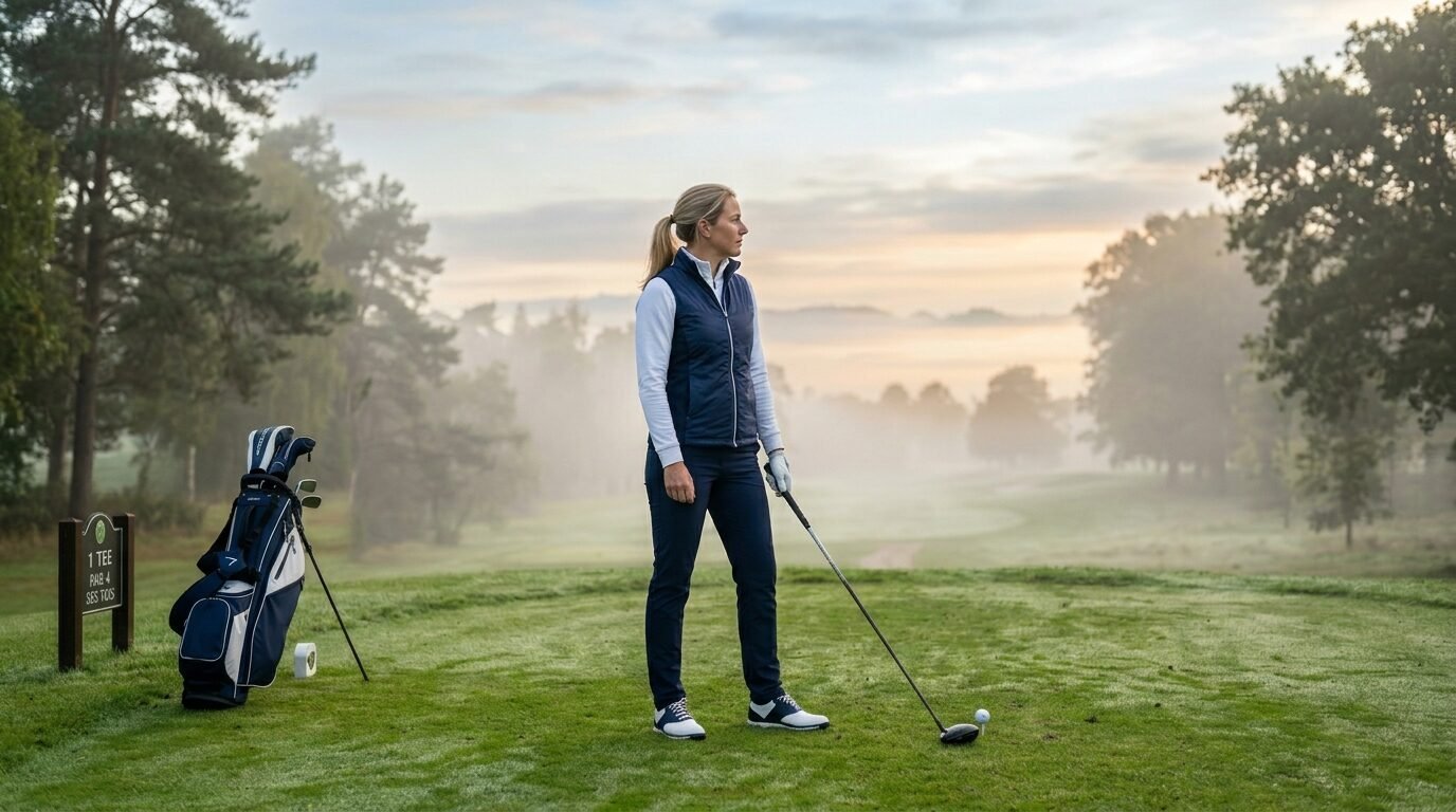 A blonde woman in a navy vest holding a golf club on a foggy putting green near her golf bag.