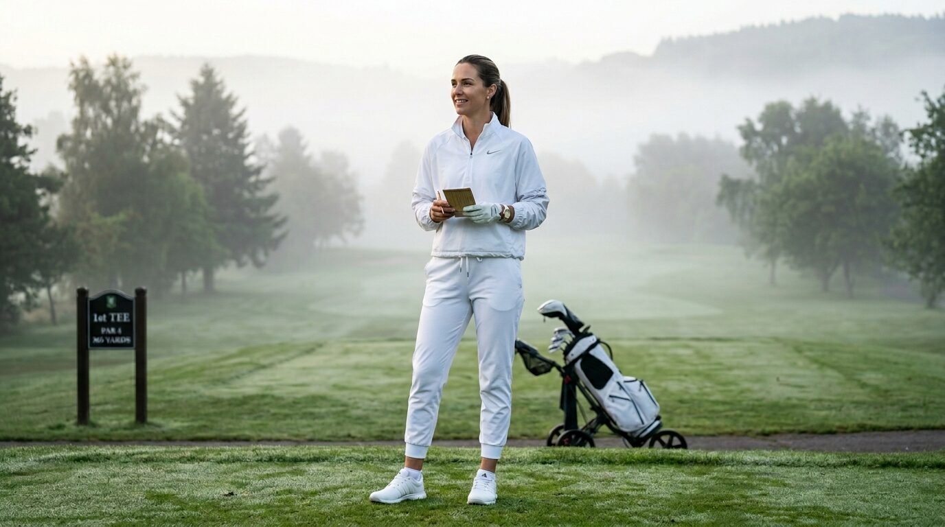 Woman in white golf attire holding a scorecard standing on a foggy course by the first tee sign.