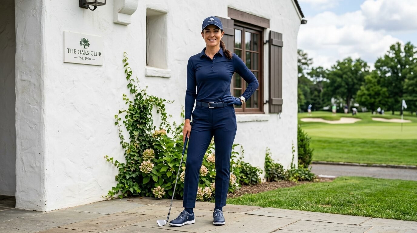Woman wearing a navy polo shirt and cap holding a golf club by a white building at a golf course.