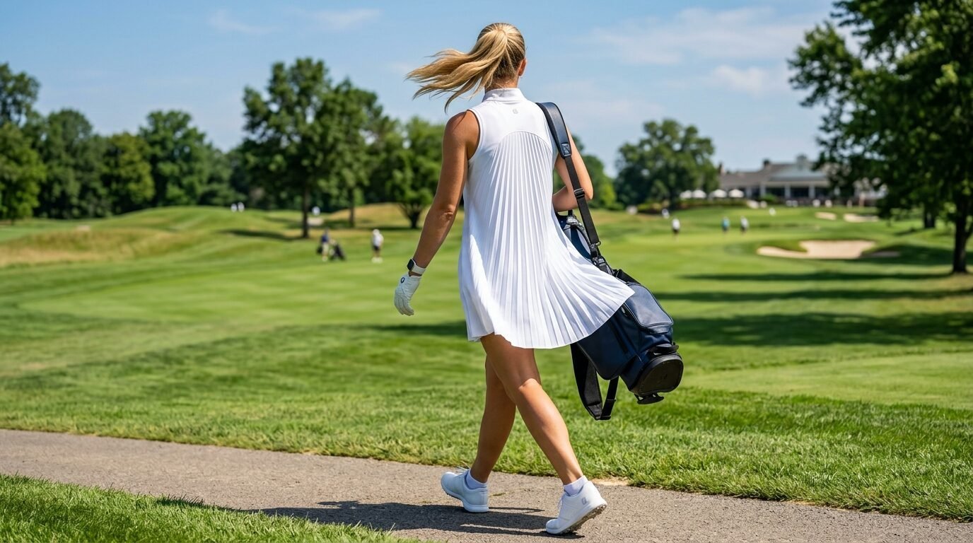 Golfer walking on cart path wearing sleeveless white dress and carrying a golf bag.
