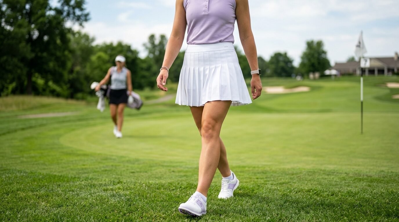 Close up of a female golfer walking across a putting green in a white pleated skirt and athletic shoes.