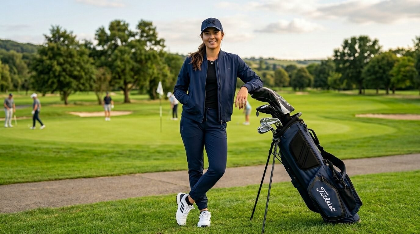 Young female golfer in a dark blue tracksuit standing on a golf course green with her club bag.