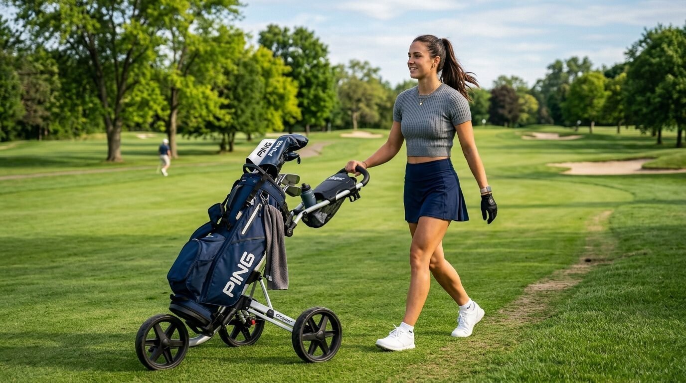 A woman wearing athletic apparel pushes a navy blue Ping golf bag on a cart across a sunny course fairway.