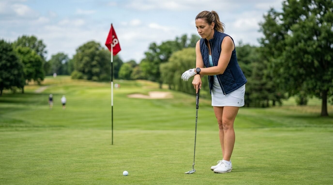 Woman in a navy vest standing on a golf course putting green and leaning on her putter while looking at the ball.
