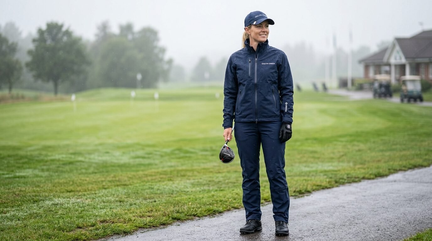 A blonde woman wearing a dark blue waterproof golf outfit and cap standing on a misty, wet fairway.