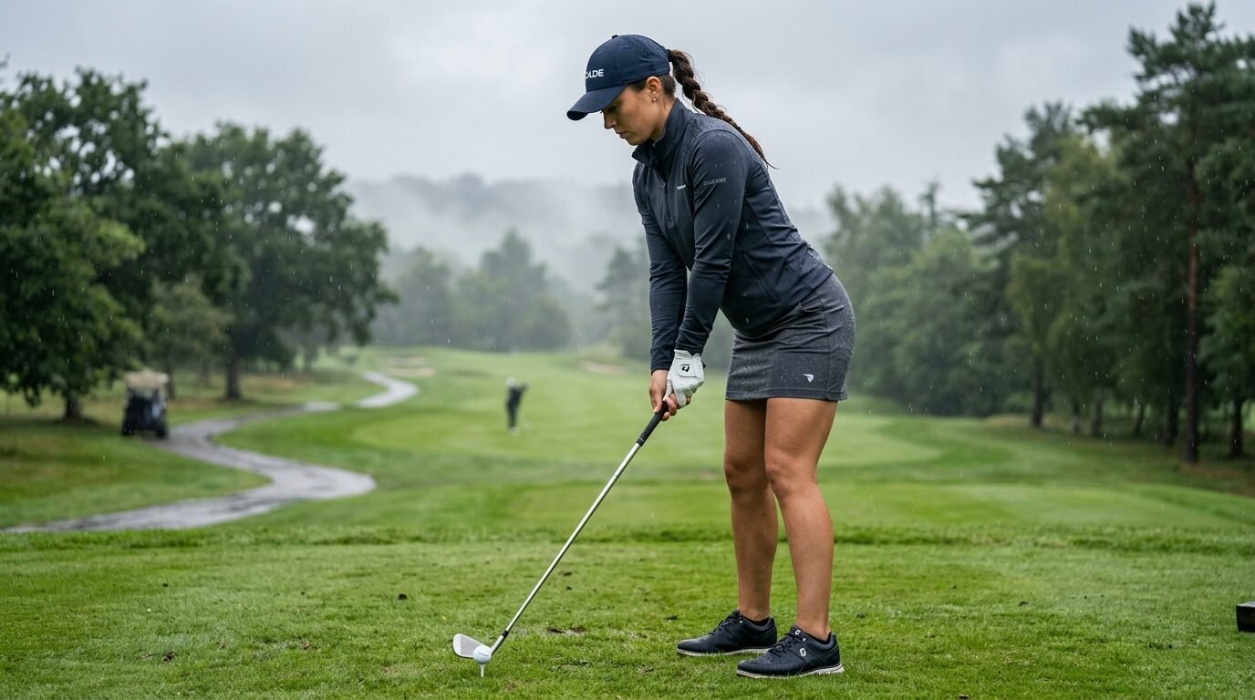 A woman golfer in a grey athletic outfit stands on a wet tee box preparing to hit a golf ball.