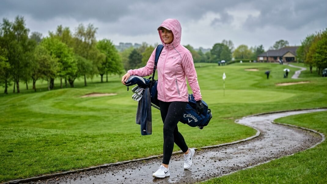 A female golfer in a hooded pink jacket carries her clubs along a damp path during a rainy day on the green.
