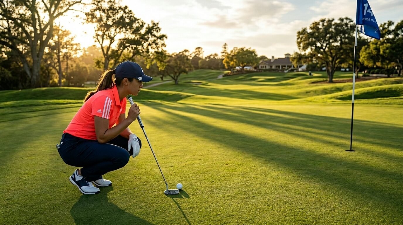 A woman golfer crouching to read the terrain of a putting green near the flagstick at sunset.