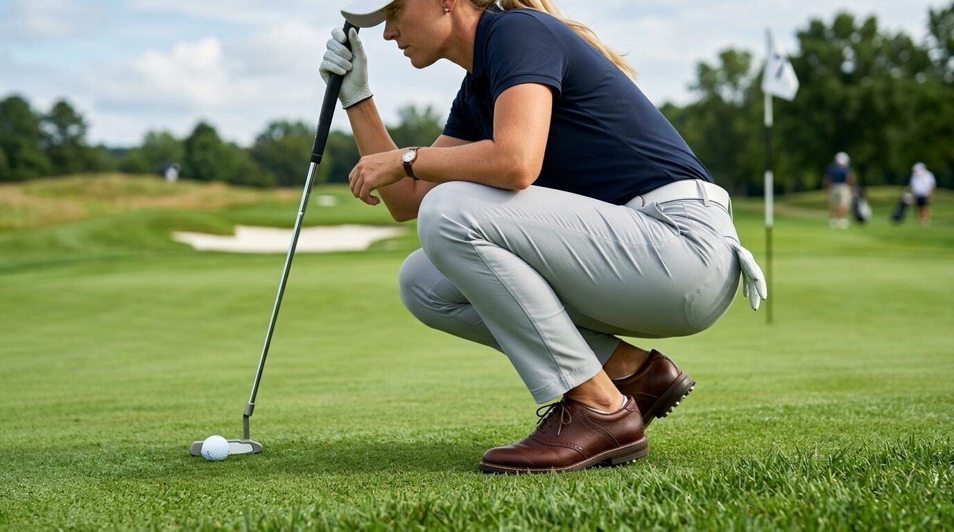 A woman wearing a polo and golf shoes kneeling on a course to inspect the line of her golf ball.