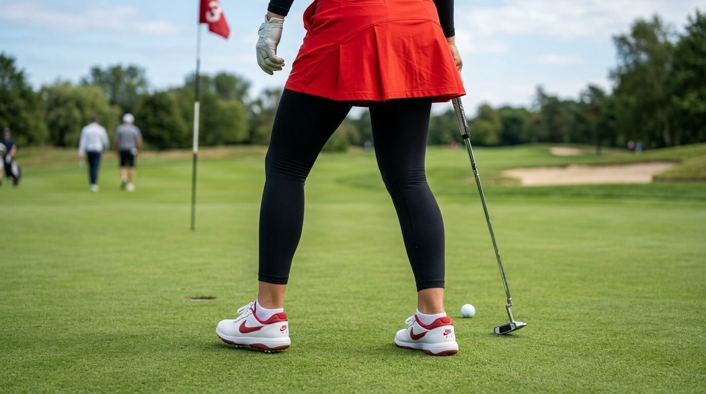 Close-up of a woman wearing a red skirt and black leggings standing on a golf course holding a putter.