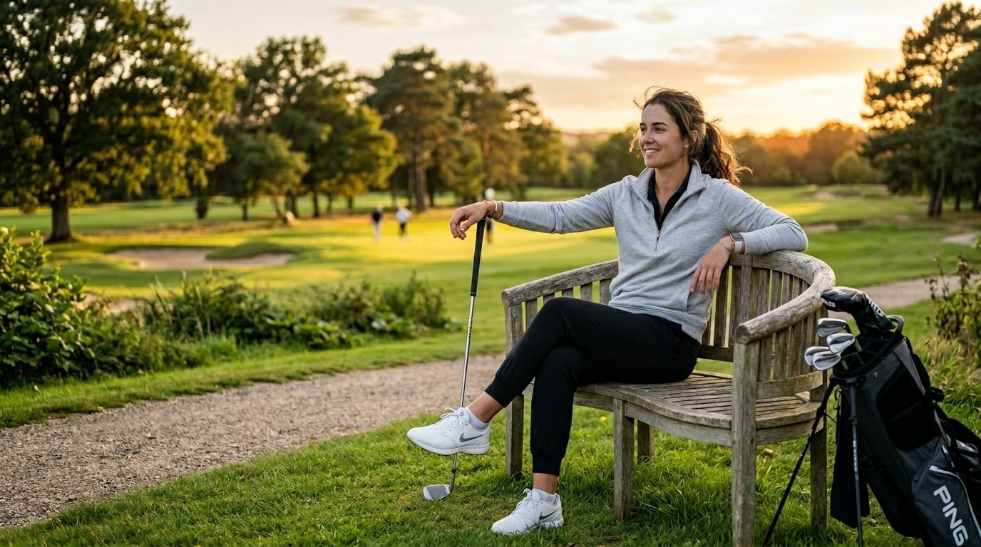 A golfer in a grey sweater rests on a park bench beside her club bag on a sunny golf course.
