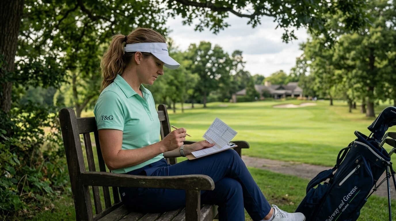 A female golfer in a mint green shirt recording her score on a clipboard while resting on a wooden bench.