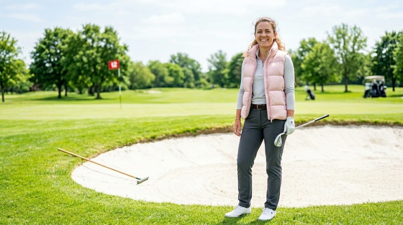 A woman wearing a pink vest standing on the grass edge of a golf course sand hazard with a golf club in hand.