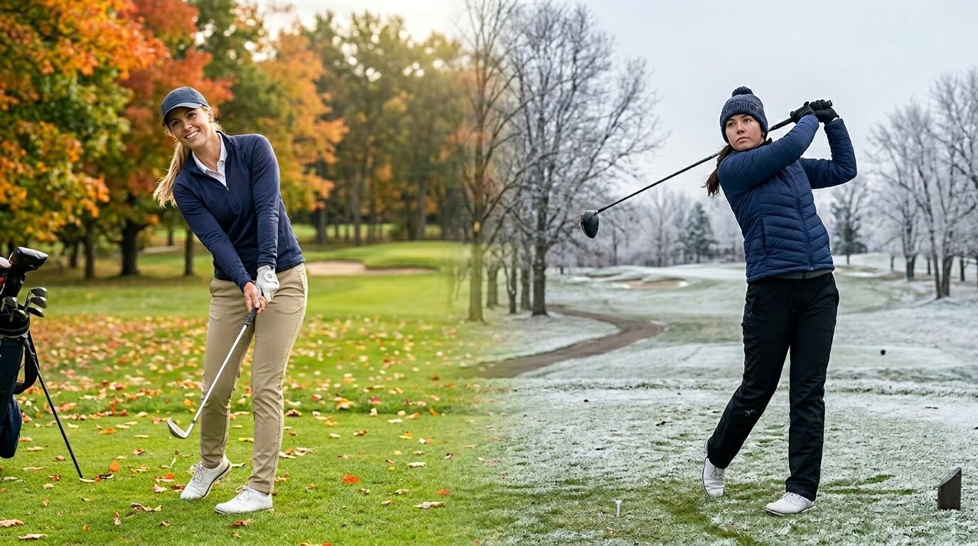 Split screen image showing a woman golfing in colorful fall leaves and a snowy winter landscape.