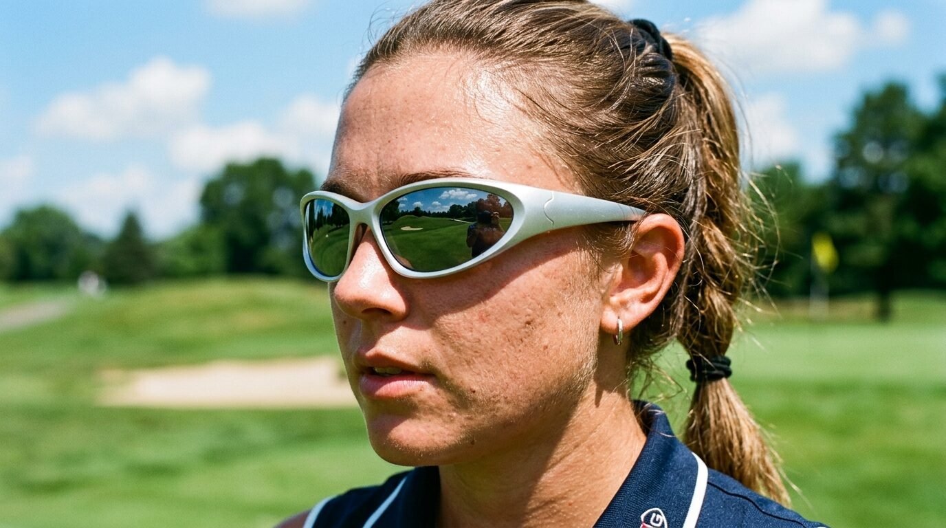 Close-up of a woman wearing sporty silver shades with a golf course reflection on the lens.