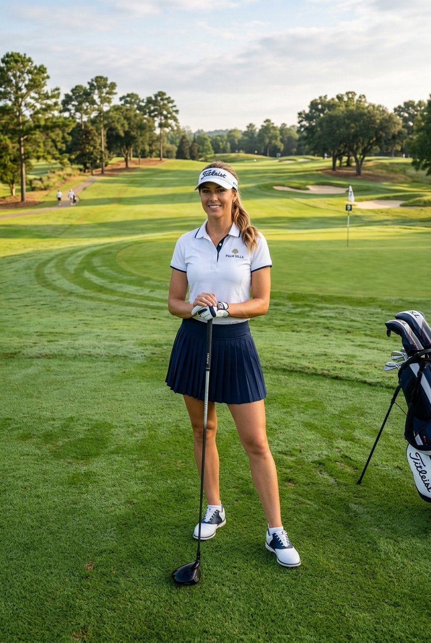 A woman wearing a white golf shirt and navy skirt holding a driver on a lush green golf fairway.