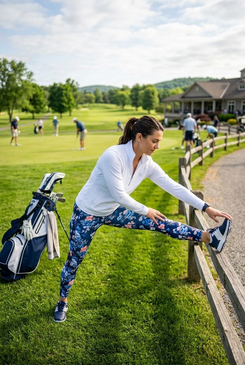 Golfer in floral leggings using a fence to stretch before her round on a sunny golf course.