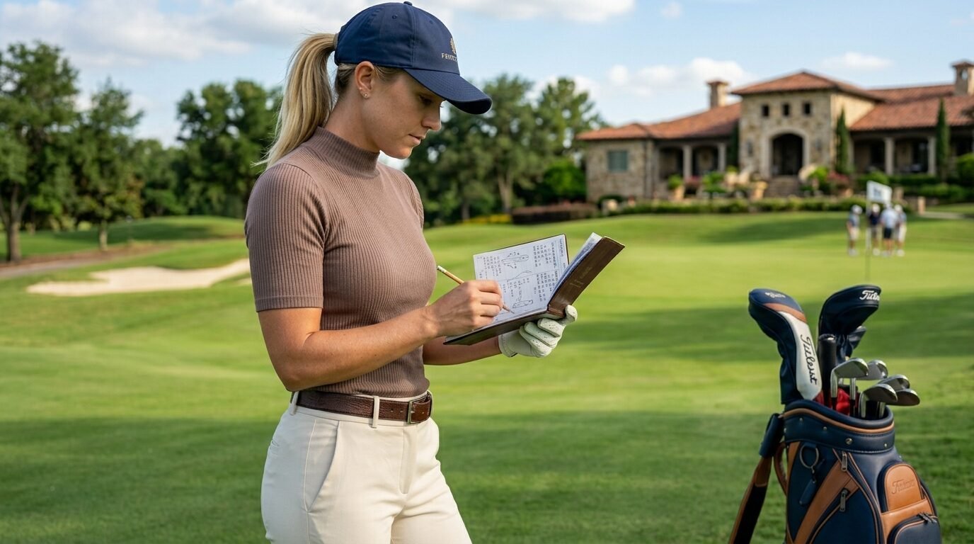 A woman in a golf outfit writes notes in a yardage book while standing on a sunny golf course.