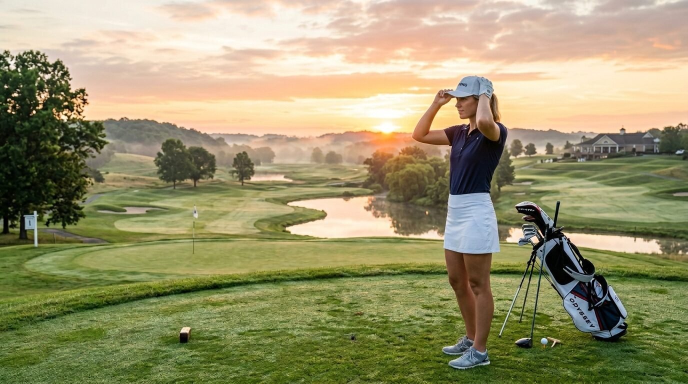 Woman in golf attire stands on a lush green tee box overlooking a scenic lake and rolling hills at dawn.
