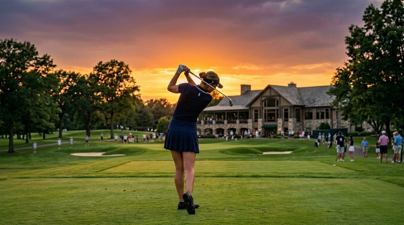 A female golfer in a dark skirt and polo shirt completes a swing on a golf course with a clubhouse in the background.