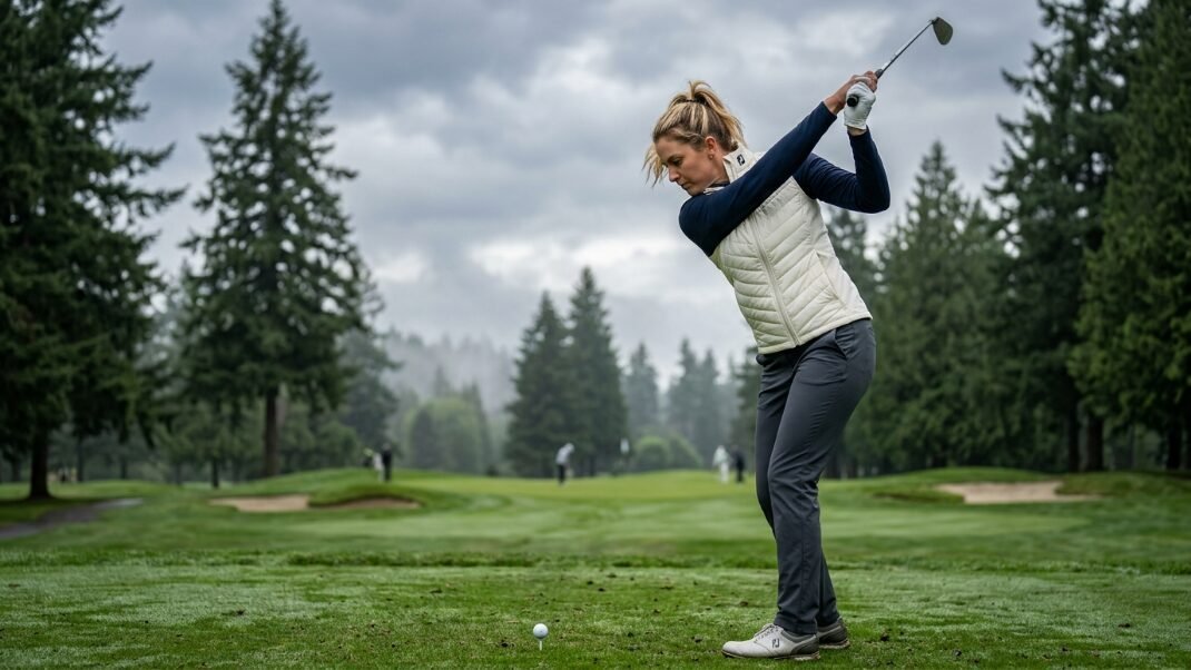 A blonde woman in a white vest and dark pants swings a golf club on a rainy day at a wooded course.