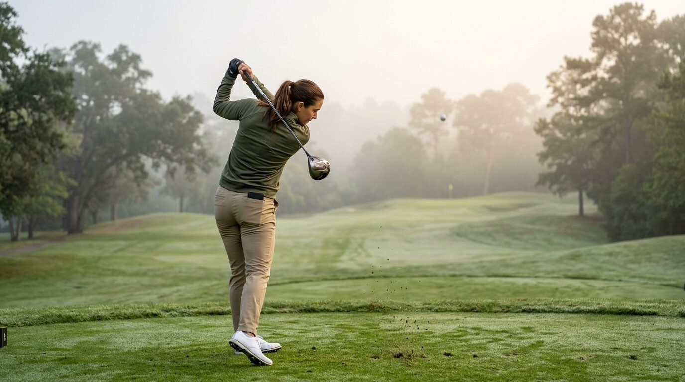 A female golfer in an olive green top hits a golf ball on a dewy, foggy morning course.