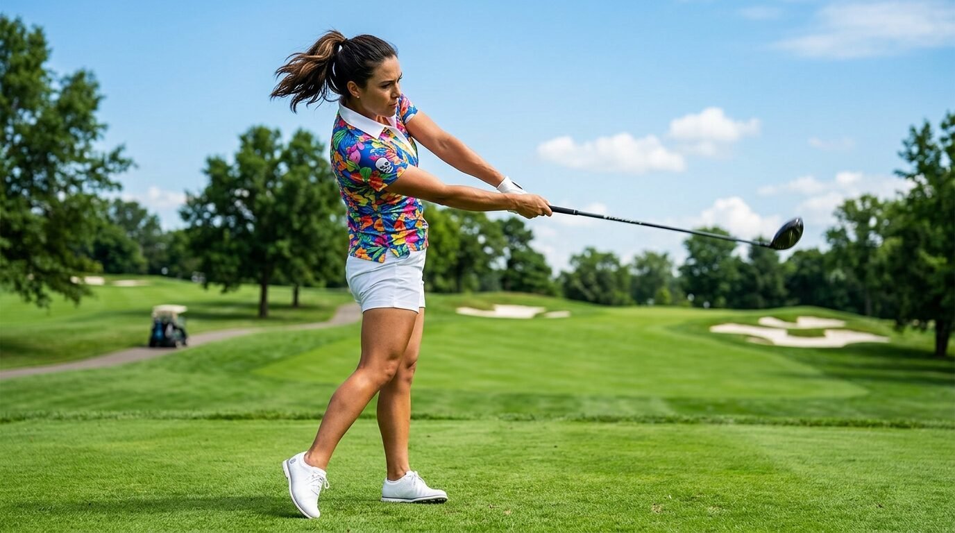 A woman in a vibrant floral polo shirt executing a full golf swing on a green fairway.