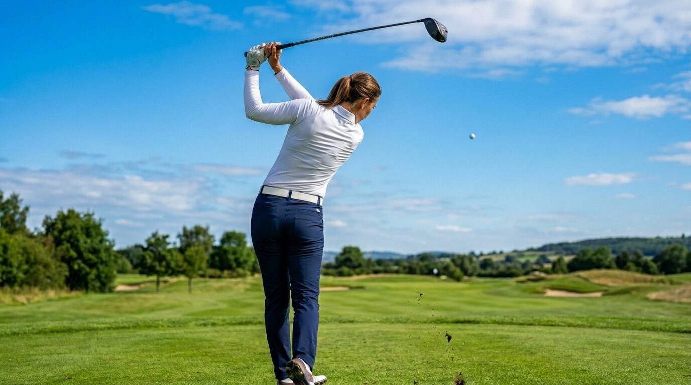 Woman in white long-sleeve shirt follows through with her golf swing on a bright, grassy fairway.