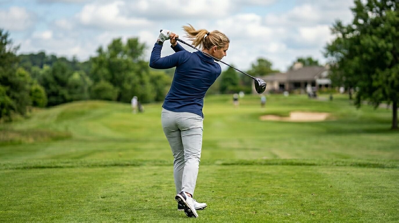 A blonde woman in a navy shirt and grey pants swings a golf club on a green fairway.
