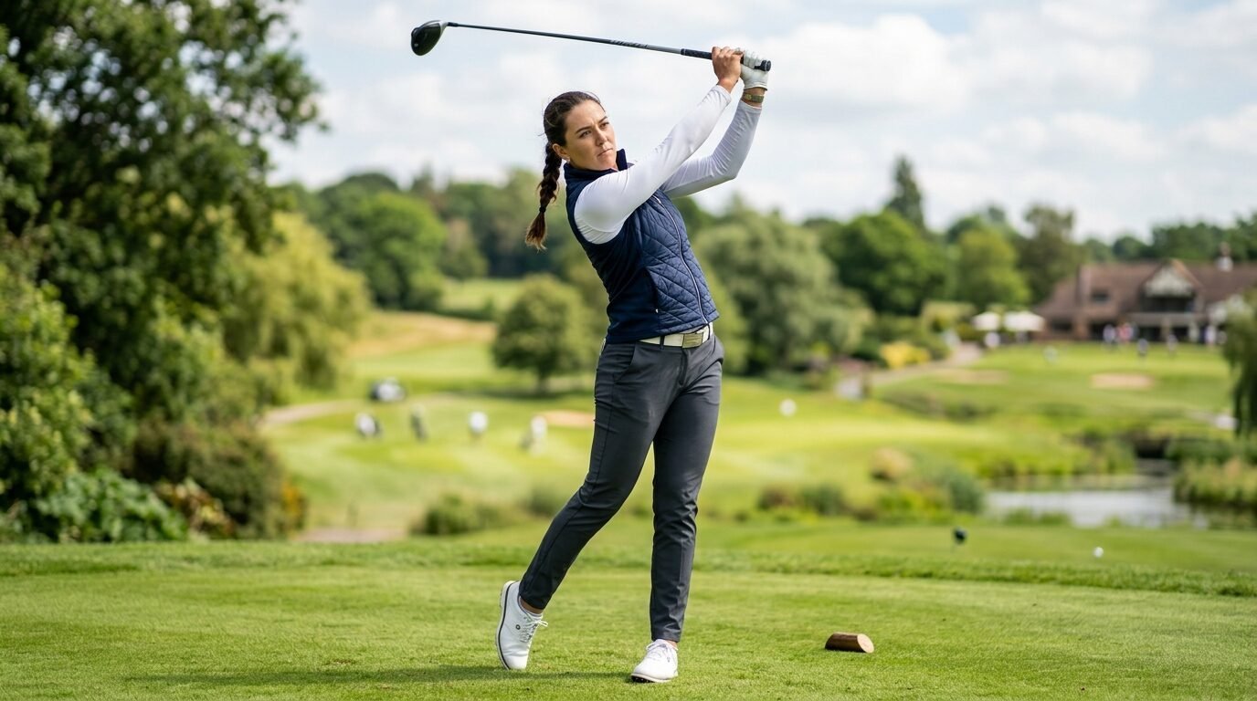 A woman in a navy quilted vest swinging a golf club on a green course.