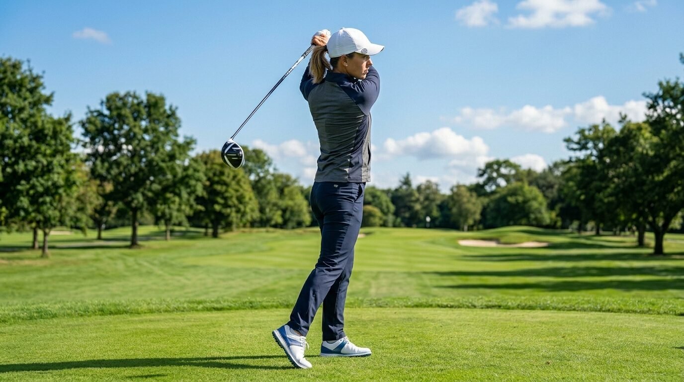 Woman in golf apparel completing a follow-through swing with a driver on a lush green course.