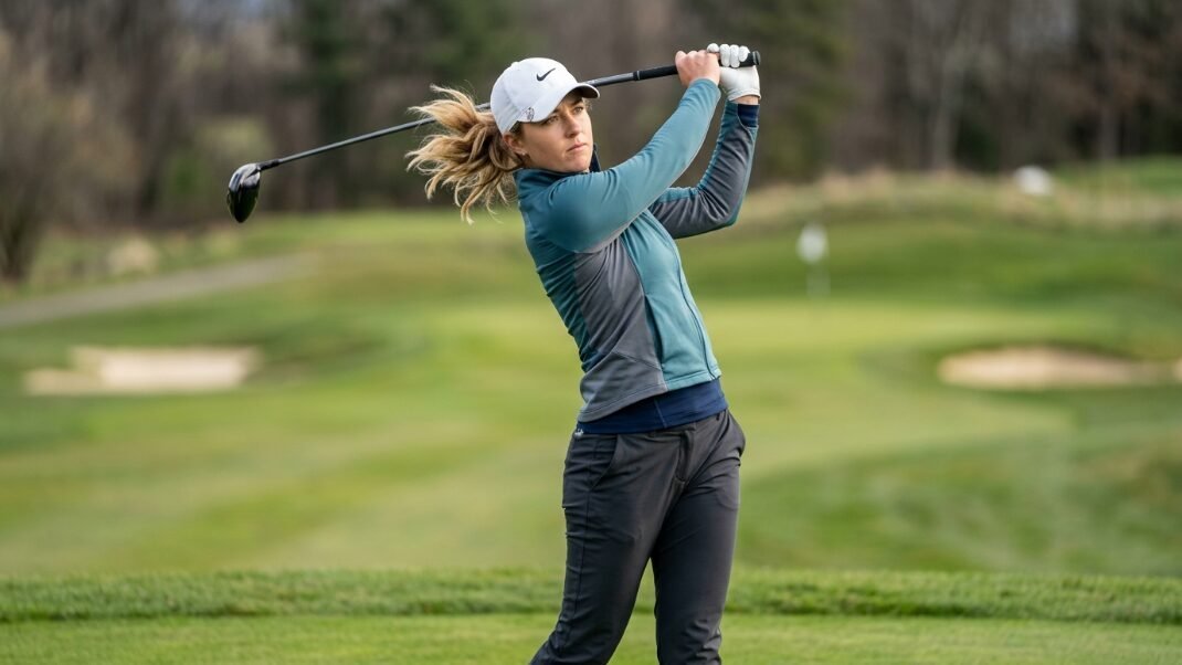A woman in a teal jacket and white hat swinging a golf club on a green course.