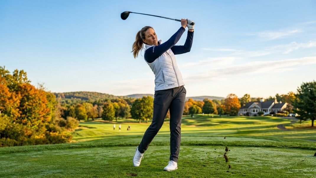 A woman in a white vest finishing her golf swing on a lush green course with fall foliage in the background.