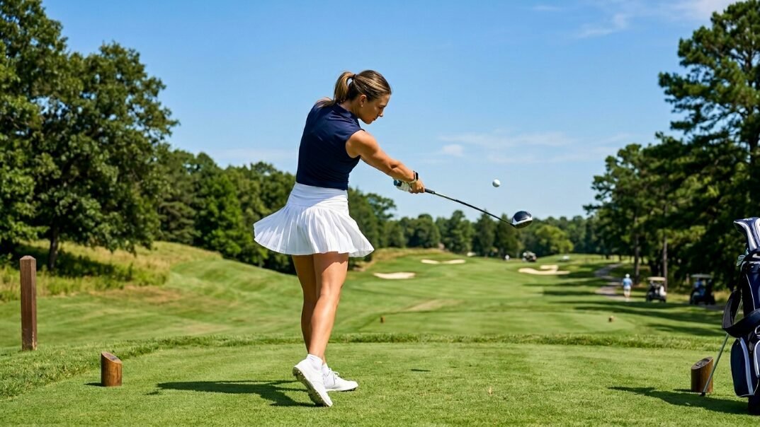 A woman in a white pleated skirt and navy shirt follows through with her golf swing on a sunny course.