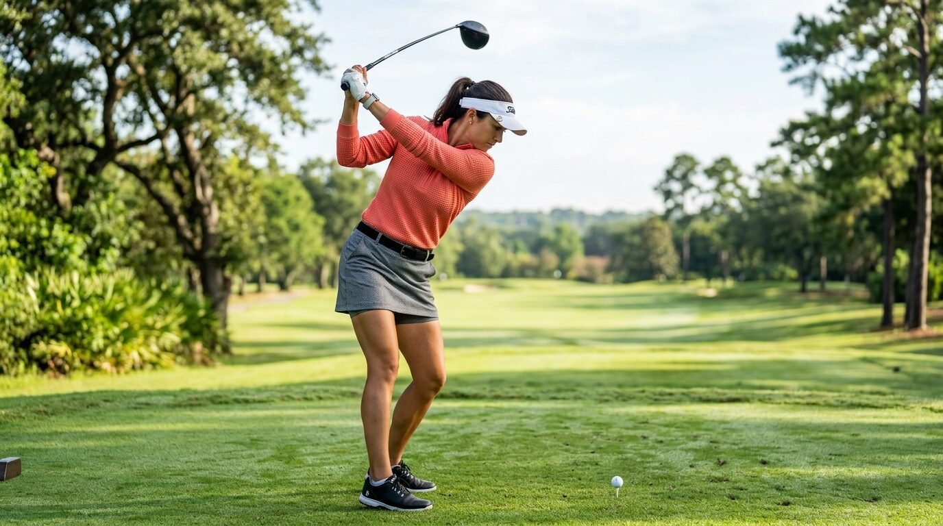 Woman in orange long-sleeve shirt and grey skirt executing a golf swing on a lush green fairway.