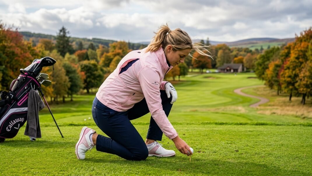 A female golfer kneeling on a green tee box to place her white ball on a wooden tee.