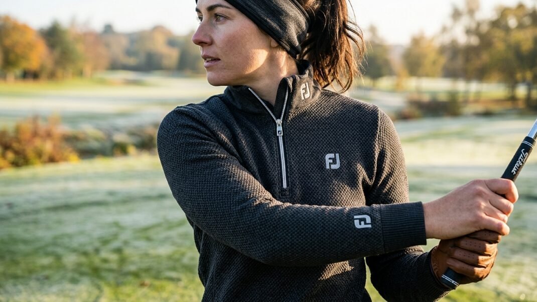 A woman wearing a grey textured quarter-zip golf top holding a golf club outdoors.