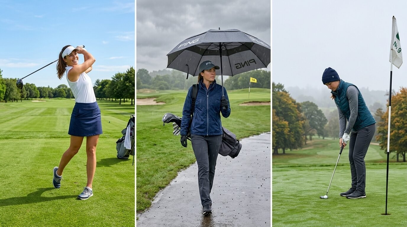 Three side-by-side photos of a woman golfing on sunny, rainy, and misty days.