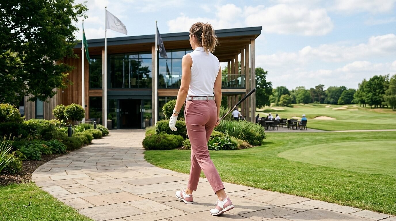 Golfer in a white shirt and pink pants carrying a club near a modern golf clubhouse.